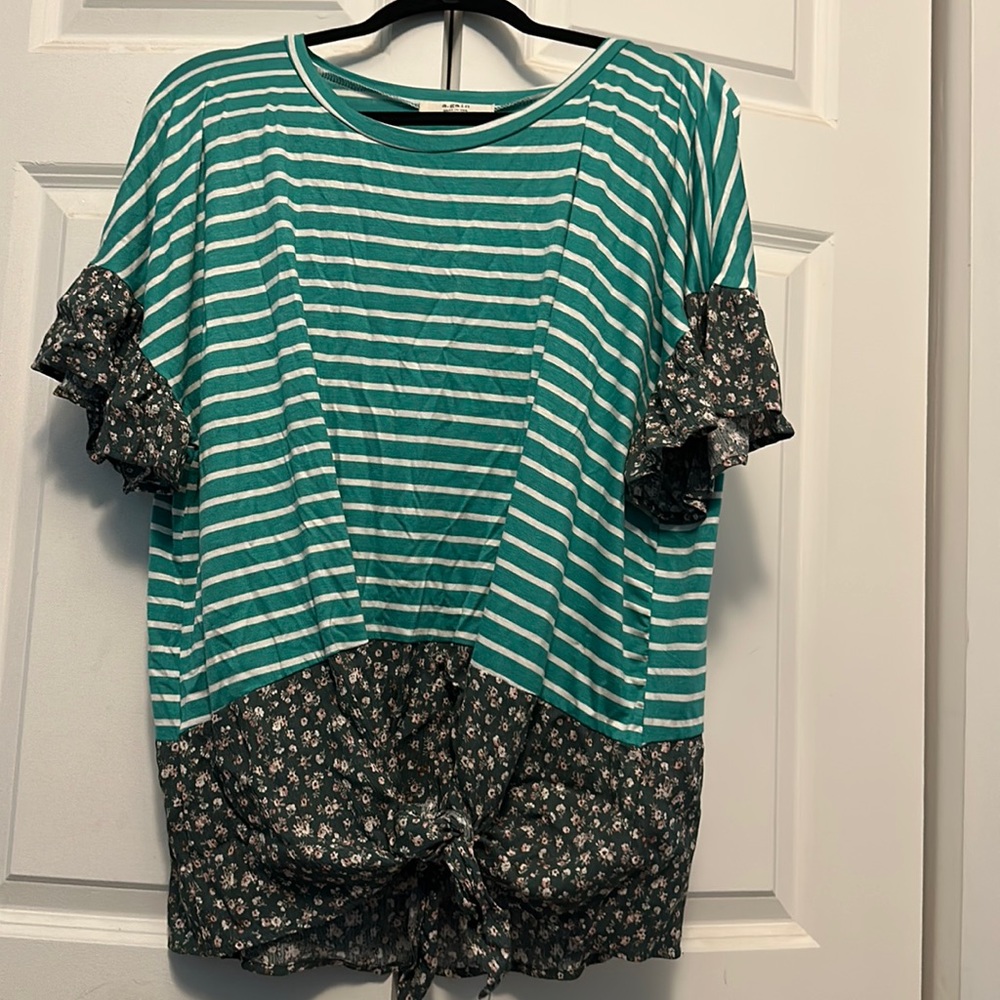 Adorable teal and white stripe with floral flutter sleeves